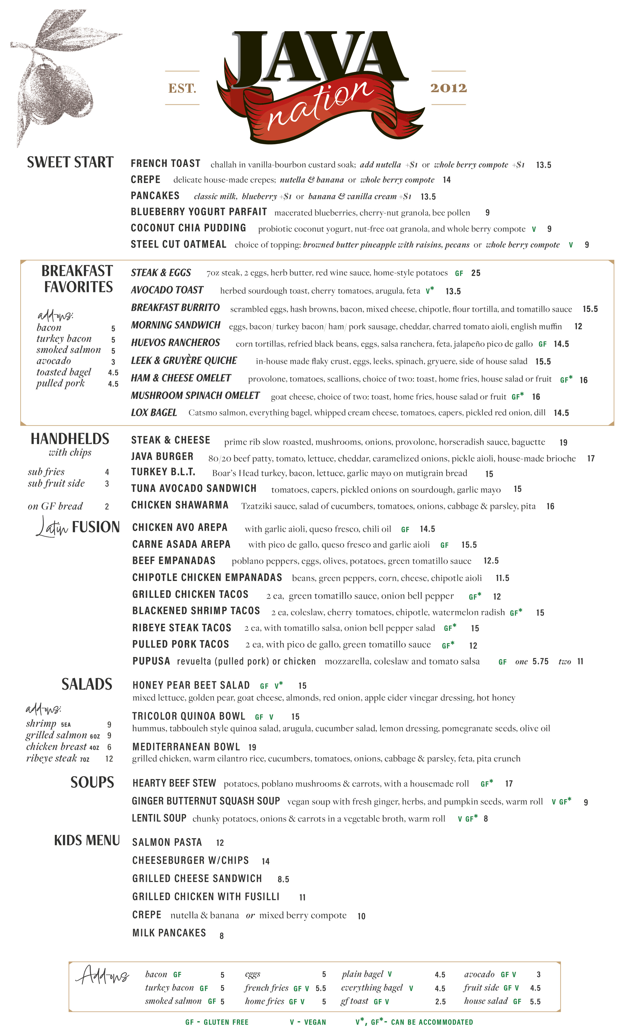 Kensington Menu Page 1